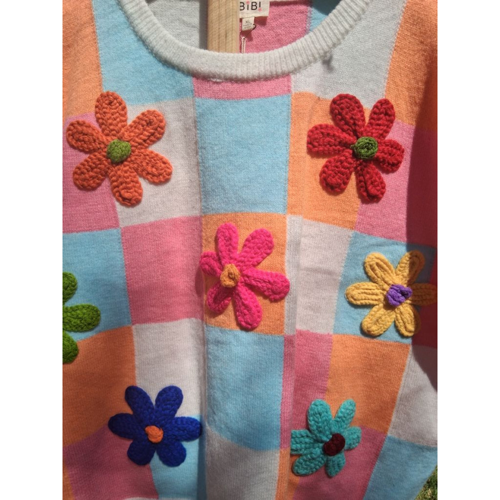 🌸 BiBi XL Multi-color Pastel Patchwork Floral Crew Neck Sleevless Sweater NWT - Picture 2 of 13